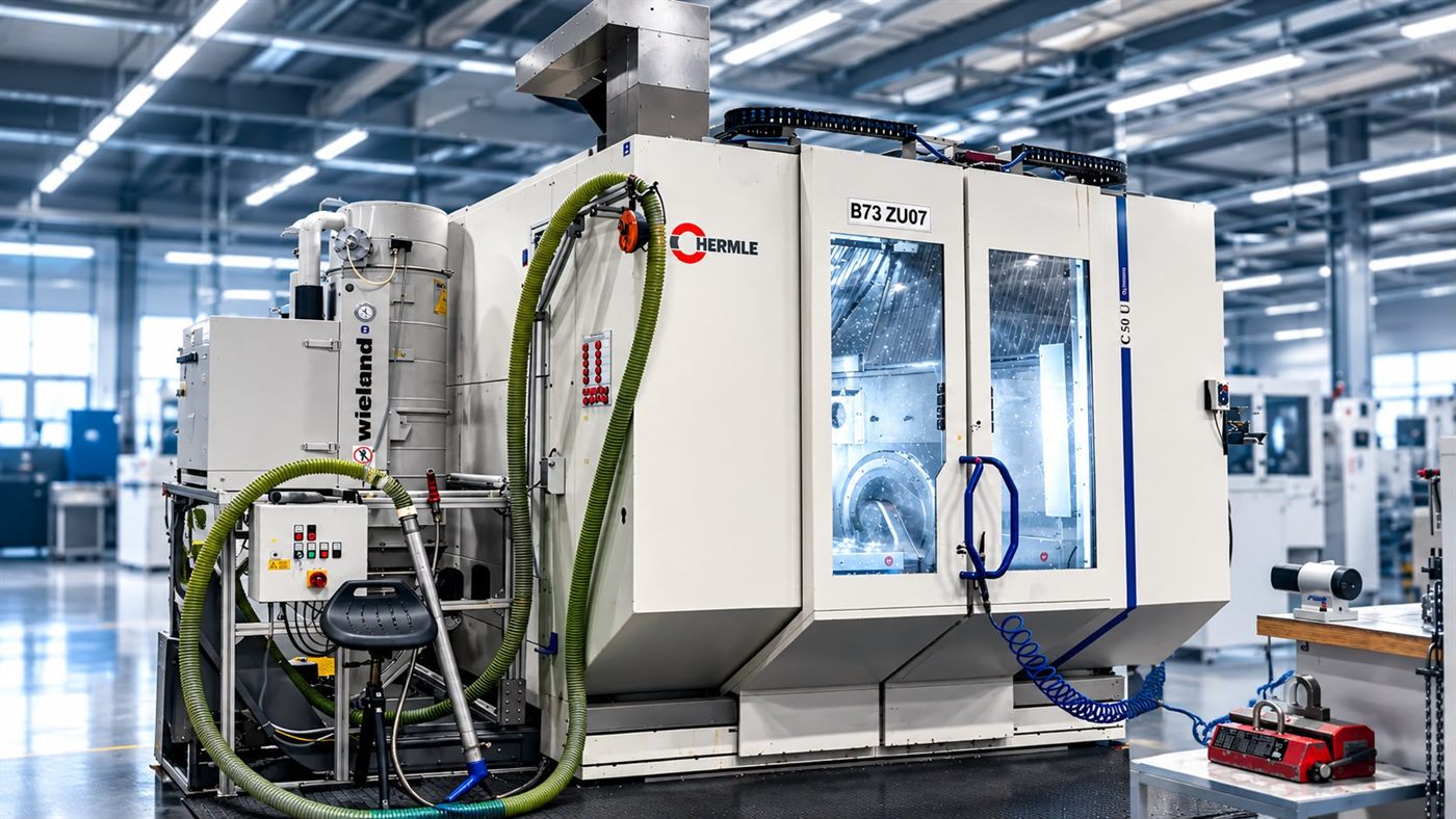 CNC-Bearbeitungszentrum mit geschlossener Arbeitsraumtür in einer hellen Werkhalle, daneben Späneabsaugung und Bedienpult